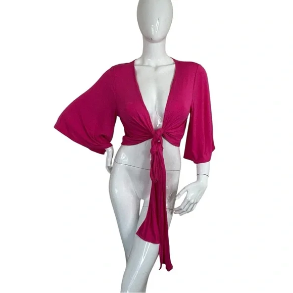 Zenana Chic vibrant Fuchsia Tie-Front blouse shirt swim dopamine wear NWT sz XL - Picture 11 of 13